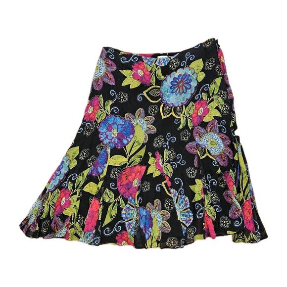 Vtg Chicos Floral Silk Midi Skirt Womens 2/Medium Black Ruffle Boho Artsy Grunge - Picture 1 of 8